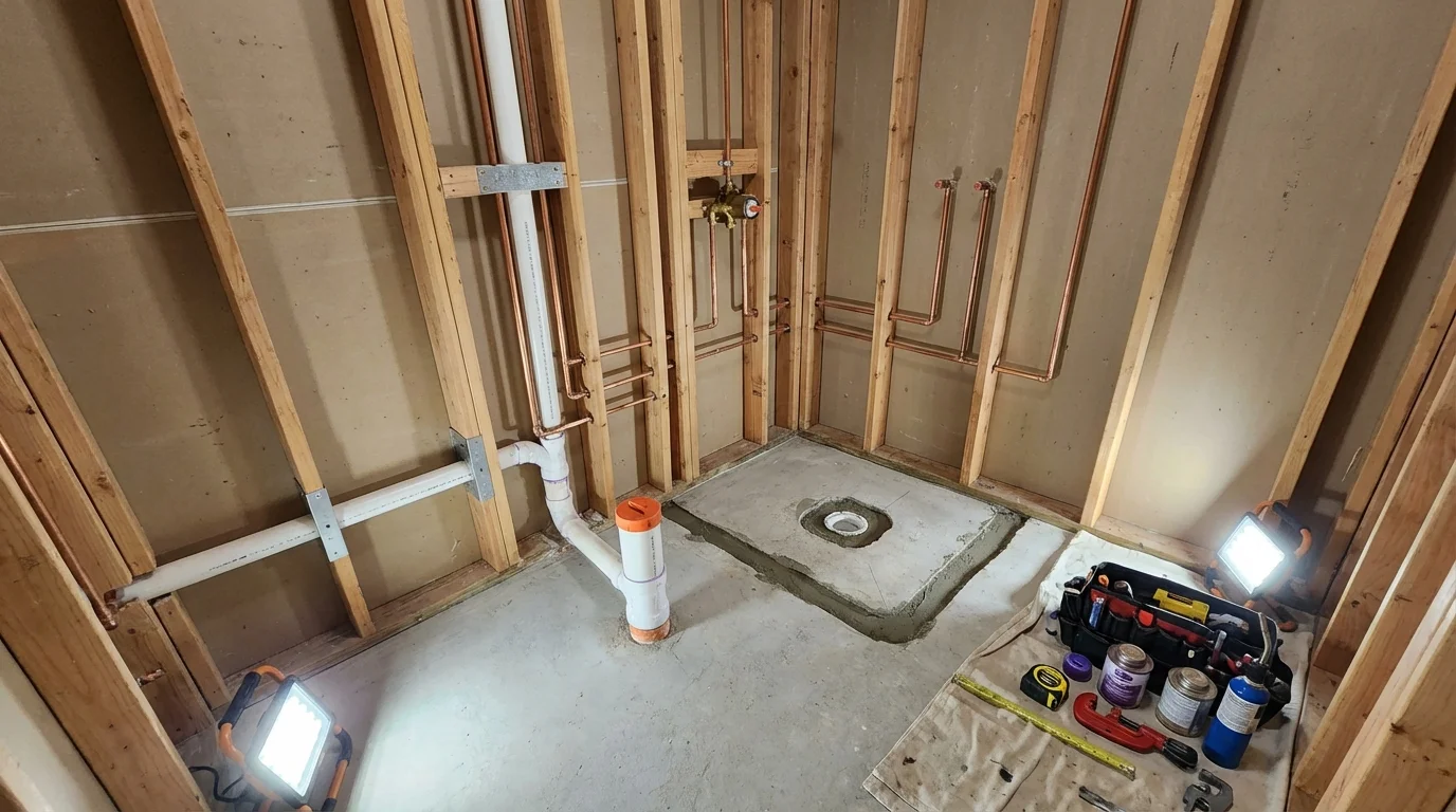 Bathroom rough-in plumbing during remodel by Johns Plumbing LLC in Harvard