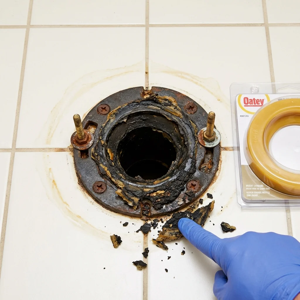 Failed wax ring showing water seepage at the base of a toilet in a Harvard, MA home