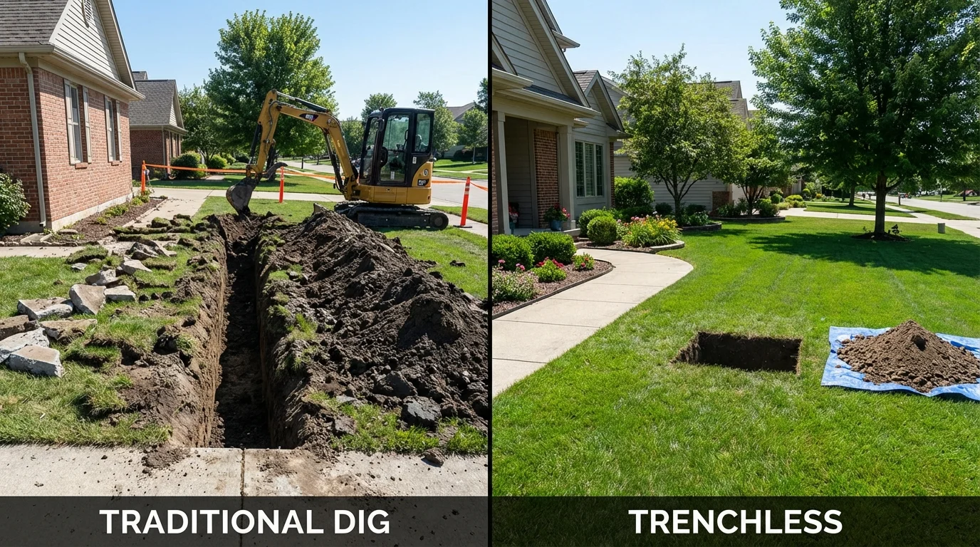 Trenchless sewer repair with minimal yard damage versus traditional excavation in Harvard, MA