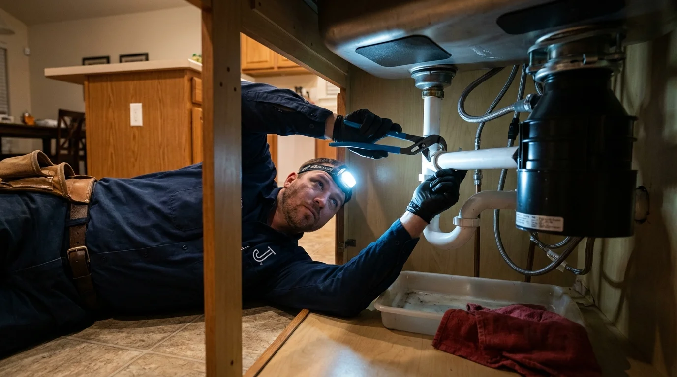 P-trap and supply line connections under a kitchen sink showing a common leak point in Harvard, MA